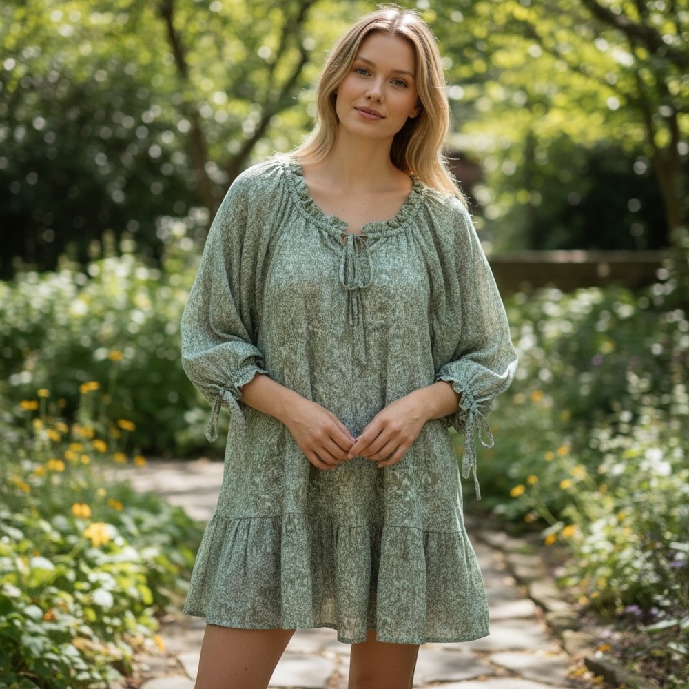 Cleobella Green Organic Cotton Print Tiered Mini Dress Size S Boho Ruffle Neck